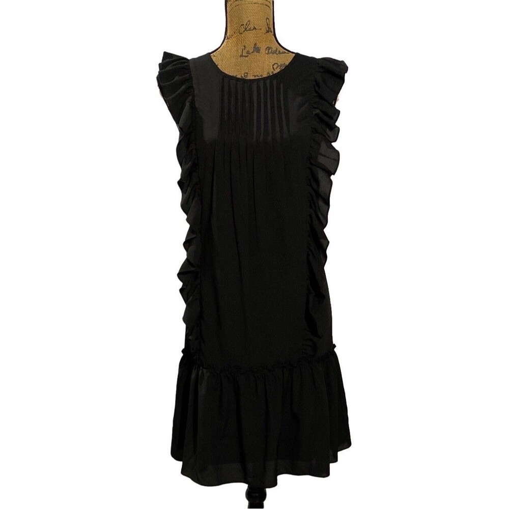 NWT Banana‎ Republic Dress MEDIUM Black Pleat Front Ruffle Hem Flutter Sl $128